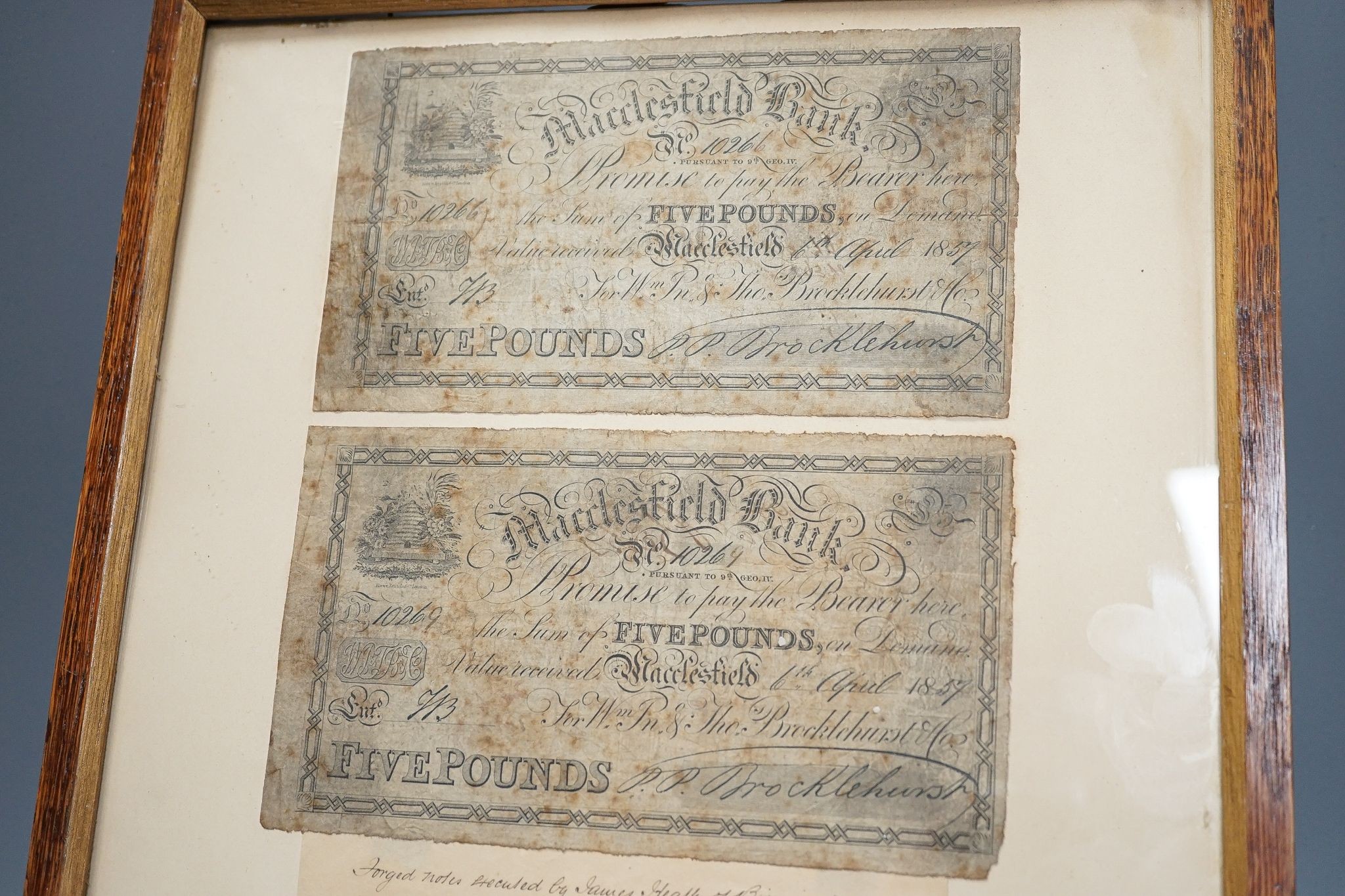 Three framed £5, Macclesfield bank notes, mid 19th century.